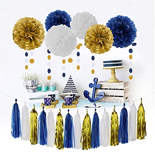 Navy Blue White Gold Party Decoration 23pcs Kits-Paper Flowers,Banner Flags,Circle Banner,Tassel Garland Birthday Bachelorette Boy Baby Shower Gender Reveal Graduation Decorations Lasting Surprise