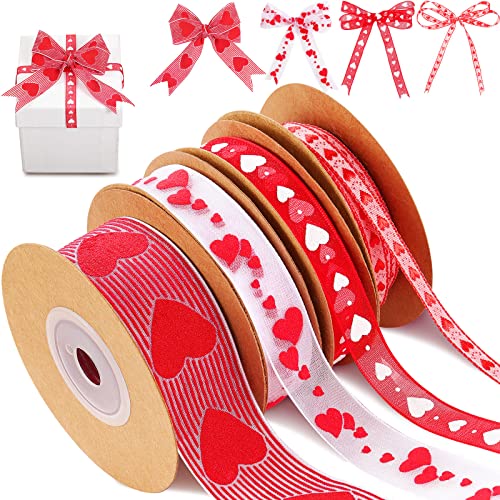 4 Rolls Valentine's Day Wired Ribbon Heart Wired Edge Ribbon Printed Heart Ribbon Polyester Wrapping Ribbon for DIY Craft Wrapping Wedding Valentine's Day Decoration, 11 Yards, 5.5 Yards