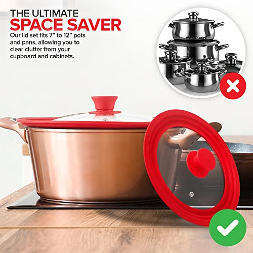 Modern Innovations Universal Lids (Set of 2) Fits 7 to 12-Inch Cookware, Silicone Replacement Pan Lid, Glass Top Covers for Skillets, Pots, Frying Pans, Cast Iron - Red