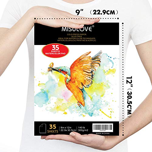 MISULOVE Watercolor Pads, 9x12", Glue Bound, Acid-Free Paper, 35 Sheets (140lb/300gsm), Art Sketchbook for Painting & Drawing with Most Wet & Dry Media, Ideal for Beginners, Artists & Professionals