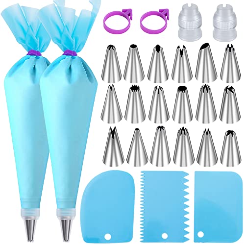 Wddeevoi Piping Bags and Tips Set, Cakes Decorating Kit Supplies with 2 Reusable Pastry Bags, 18 Frosting Tips, 2 Couplers, 2 Bag Ties, 3 Cake Scraper, Cake Decorating Tools for Cookie Icing