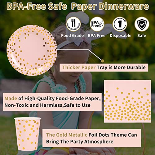 Dn Dennov 168PCS Pink and Gold-Pastel Party Supplies, Severs 24 Disposable Party Dinnerware Include Paper Party Plates, Cups, Napkins, Straw, Wooden Fork Spoon for Wedding,Christmas (Pink and Gold)