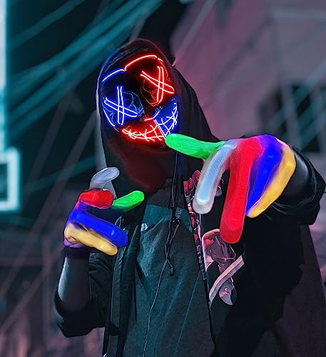 Halloween Mask Skeleton Gloves Set, Halloween Costumes Gifts for Men Women Boys Girls, 3 Modes Light Up Scary LED Mask with LED Glow Gloves, Halloween Decorations Scary Scream Anonymous Mask