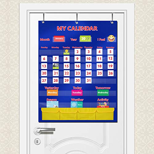 Calendar and Weather Pocket Chart with 148 Cards,(108 Illustrated Activity Cards, 40 Dry Erasable Flash Cards and 3 Hooks 28"x35.5")