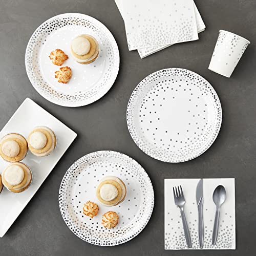 144 Piece Silver Party Supplies for Wedding, Birthday - Silver Table Decorations with Plates, Napkins, Cups, and Cutlery (Serves 24)