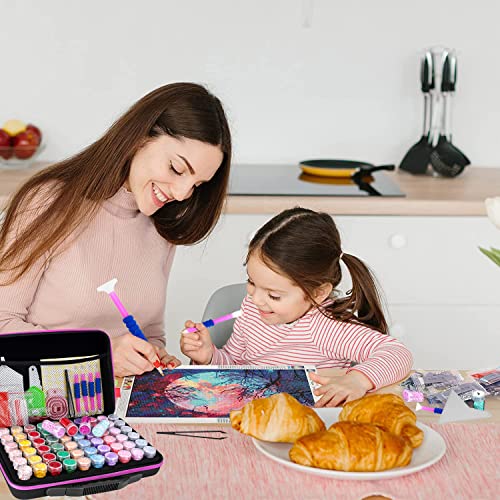 FUNDAFUL Diamond Painting Storage Containers, 60 Slots Diamond Art Accessories and Tools, Diamond Art Organizer with Diamond Painting Kits Shockproof Jars for Jewelry Beads (Pink)