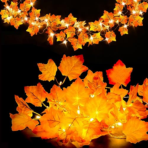 Fall Decor [2 Pack] Lighted Fall Garland, Total 16.4ft 40 LED Thanksgiving Decor Halloween String Lights, Friendsgiving Gift Thanksgiving Decorations for Home Holiday Autumn Garland Indoor