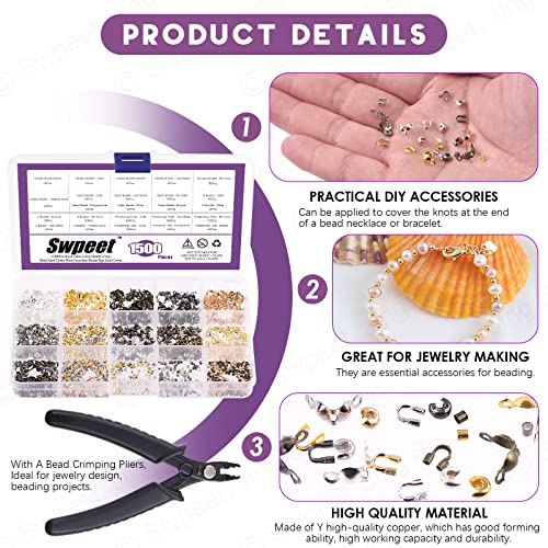 Swpeet 1501Pcs 6 Colors 4 Styles Brass Tube Crimp Beads with Bead Crimping Pliers Kit, Including Brass Tube Crimp Beads & Crimp Beads Knot Covers & Wire Guardians & Iron Bead Tips Knot Covers