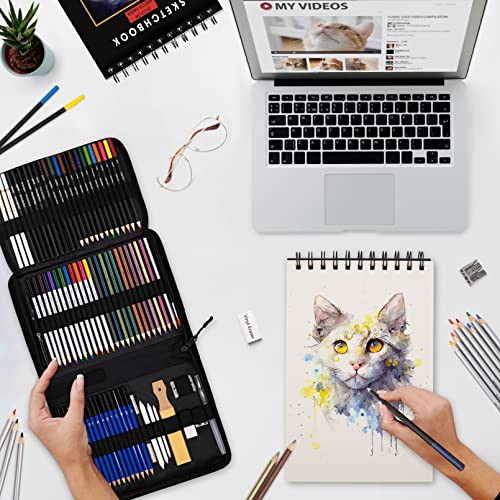 Nctoberows 76-Pack Drawing Set Sketching Kit, Pro Art Supplies Include 50 Pages 3-Color Sketchbook, Colored, Watercolor, Graphite, Charcoal & Metallic Pencil, for Artists Adults Teens Beginners
