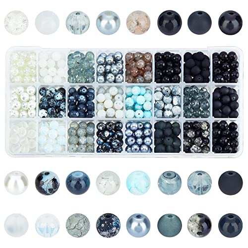 PH PandaHall 8mm Glass Beads 720pcs 24 Color Black Bracelet Beads Round Marble Loose Beads Crystal Spacers for Bracelet Earring Necklace Jewelry Making Halloween Eid Mubarak Ramadan Decoration