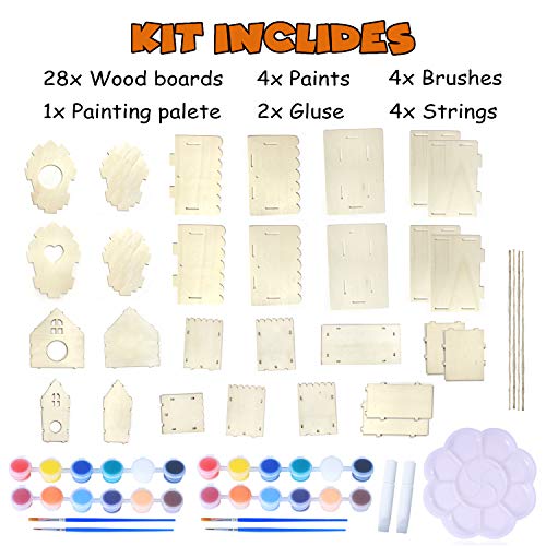 hapray 4 Pack Bird House Crafts for Kids Ages 5-8 8-12, Buildable DIY Birdhouse Kit for Children to Build, 3+ Summer Arts and Craft Projects with Paint, Boy Girl Gift Christmas