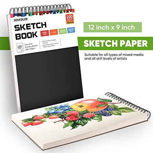 Soucolor 9" x 12" Sketch Book, 1-Pack 100 Sheets Spiral Bound Art Sketchbook, Acid Free (68lb/100gsm) Artist Drawing Book Paper Painting Sketching Pad