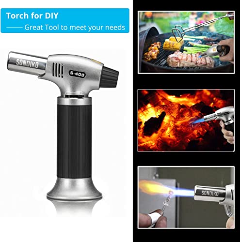 Butane Torch 10g Refillable Cooking Kitchen Torch Lighter Fit Butane Tanks Blow Torch with Safety Lock & Adjustable Flame for DIY Creme Brulee,Desserts and Baking(Butane Gas Not Included)