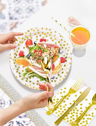 Nkaiso 141 Pieces White Gold Party Supplies, Party Dinnerware Sets Include Paper Plates Napkins Cups Silverware, for Wedding Bridal Shower Engagement Birthday Parties Decoration -20 Serves