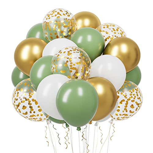 RUBFAC 65Pcs 12Inches Sage Green Gold Confetti Balloons Kit, Green White Metallic Gold Party Balloons with Ribbons for Birthday, Wedding, Baby Shower, Graduation, Eucalyptus Party Decorations