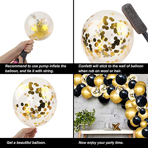 RUBFAC Black and Gold Balloons Garland Arch Kit，New Years Eve Party Balloons with Black Gold Confetti Balloons for Graduation Birthday Party Decorations