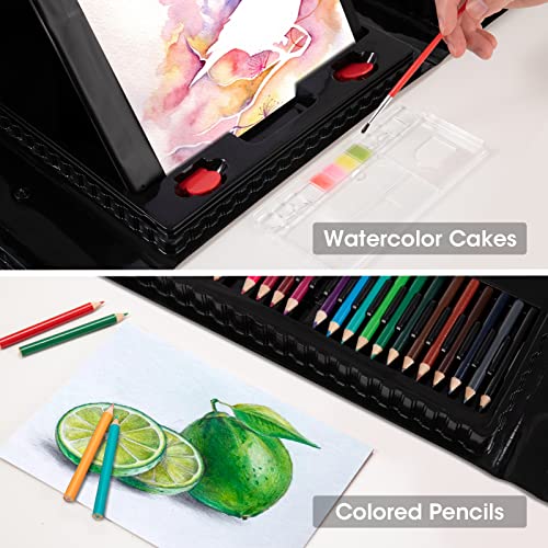 Art Supplies, 240-Piece Art Set Crafts Drawing Kits with Double Sided Trifold Easel, Includes Sketch Pads, Oil Pastels, Crayons, Colored Pencils, Gifts for Girls Boys Teen Ages 4-6-8-9-12 (Black)