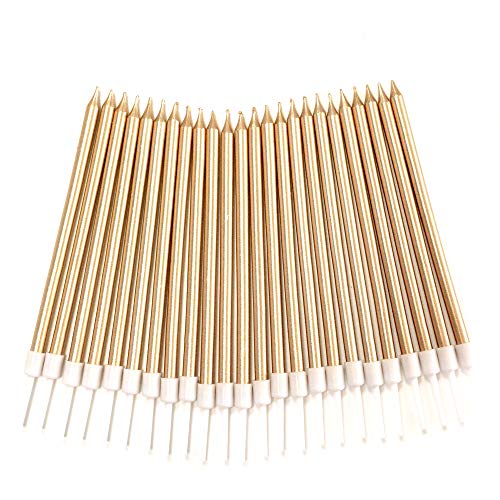 24 Count Birthday Party Long Thin Cake Candles Metallic Birthday Candles in Holders for Birthday Cakes Decorations, Champagne Gold by Lucky Party