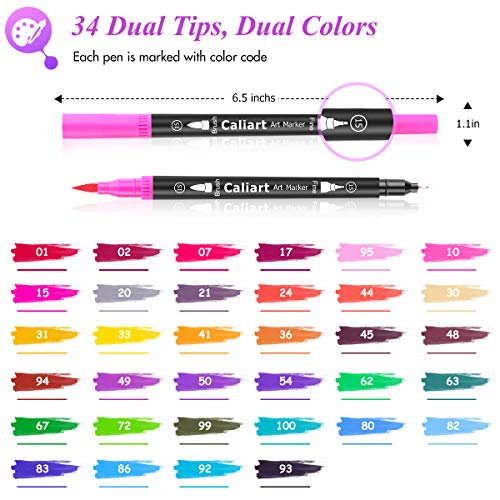 Caliart 34 Double Tip Brush Pens Art Markers, Artist Fine & Brush Pen Coloring Markers for Kids Adult Book Halloween Journaling Note Taking Lettering Calligraphy Drawing Art Craft Supplies Kit