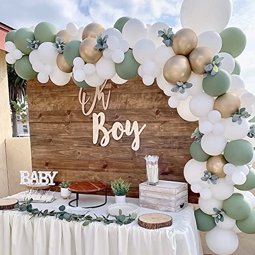 RUBFAC 65Pcs 12Inches Sage Green Gold Confetti Balloons Kit, Green White Metallic Gold Party Balloons with Ribbons for Birthday, Wedding, Baby Shower, Graduation, Eucalyptus Party Decorations
