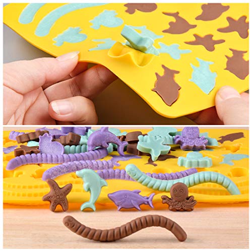 Gummy Bear Mold Candy Molds - Chocolate Molds Including Bears, Frogs, Lions, Monkeys, Penguins, Worms, Starfishs, Dolphins, Octopus, Sharks Sea Mold BPA Free Set of 4 Silicone Molds