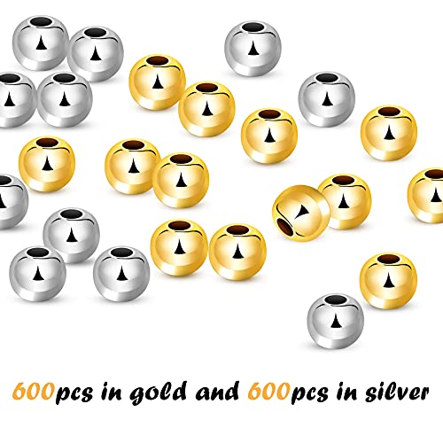 1200Pcs 4mm Round Beads Spacer Beads Smooth Loose Ball Beads for DIY Bracelet Jewelry Making Craft, Silver & Gold