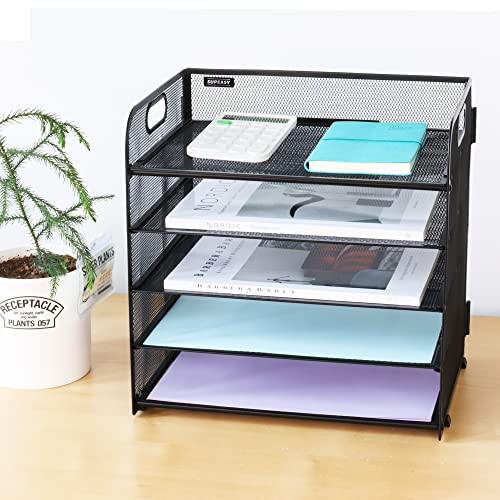Supeasy 5 Trays Paper Organizer with Handle - Mesh Desk File/Letter Organizer,Black Paper Sorter for Office, Home or School