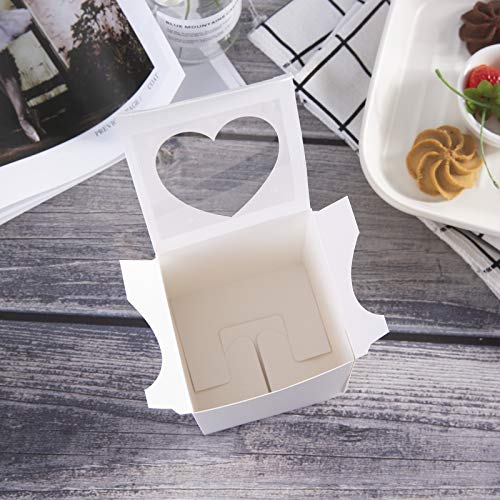 ONE MORE 3" Mini Single Favor White Cupcake Boxes with Heart Shape Window without Handle,Small Cupcake Box Carrier Individual Containers 3X3X3inch,Pack of 25