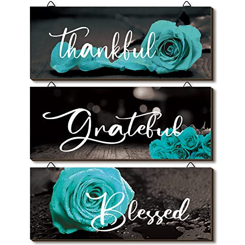 Hillban 3 Pieces Rose Wooden Wall Decor Thankful Grateful Blessed Wooden Signs Inspirational Wall Art Signs Wedding Wall Decor for Room Kitchen Bathroom (Teal,16 x 6 Inch)