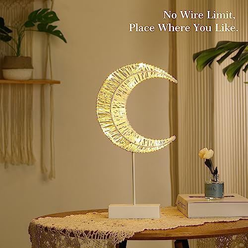 Lewondr Decorative Table Lamp, Battery Powered Christmas Moon Shape Ramadan Desk Lamp, Winding Thread Warm LED Crescent Light Xmas Home Bedroom Romantic Bedside Desktop Nightstand Decoration - White