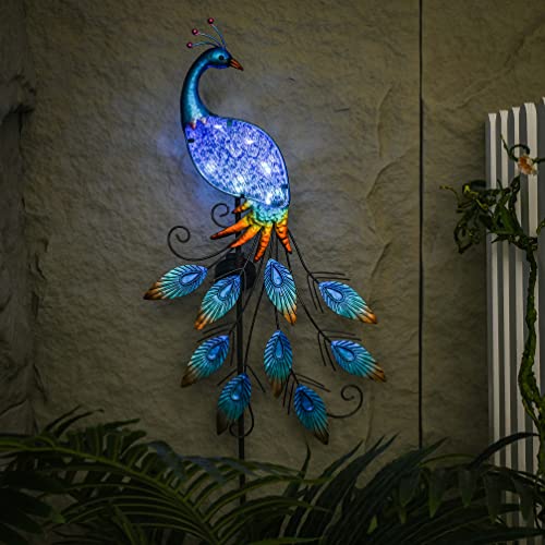 TERESA'S COLLECTIONS Outdoor Decor Peacock Yard Art with Solar Garden Stake Lights, 40" Glass Pathway Lights Lawn Ornaments for Patio, Backyard, Flowerbed, Pond, Outside Home Decorations