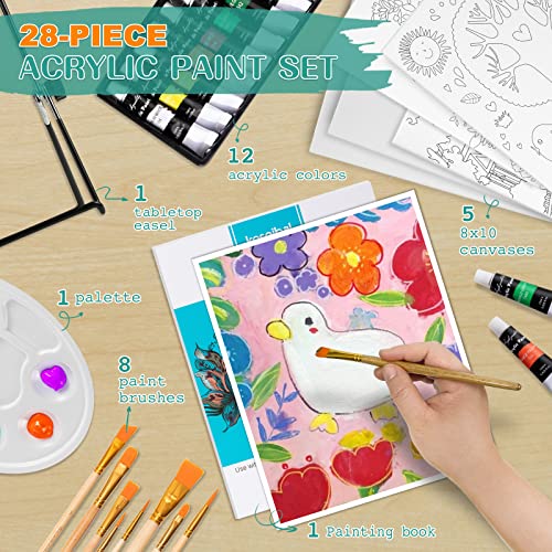 Koseibal Acrylic Paint Set for Kids, Art Painting Supplies Kit with 12 Paints, 5 Canvas Panels, 8 Brushes, Table Easel, Etc, Premium Paint Set for Students, Artists and Beginner.