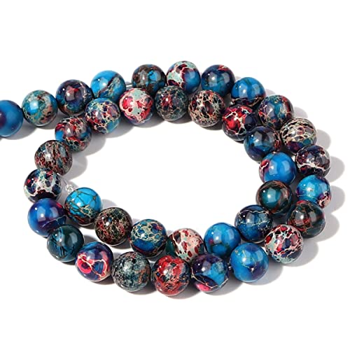 Filluck Natural Stone Beads 8mm Red Blue Imperial Jasper Polished Round Smooth Gemstone Beads for Jewelry Making Adults 15 Inch(Red Blue Imperial Jasper,8mm)