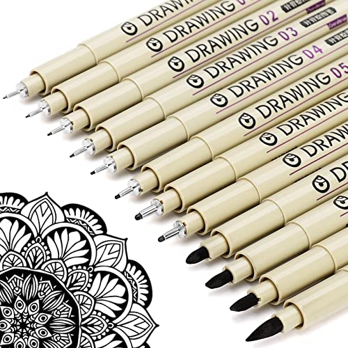 Micro Fineliner Drawing Art Pens: 12 Black Fine Line Waterproof Ink Set Artist Supplies Archival Inking Markers Liner Professional Sketch Outline Crafts Anime Sketching Watercolor Zentangle Kit Stuff