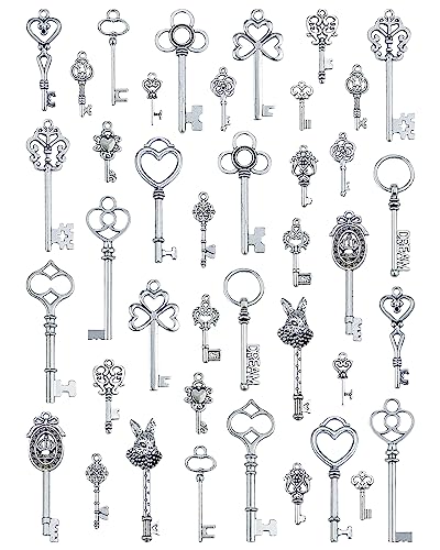 JIALEEY Vintage Skeleton Key Charms, 20 Type of 40PCS Antique Silver Key Charms for Necklace Pendant DIY Jewelry Making Supplies Wedding Favors