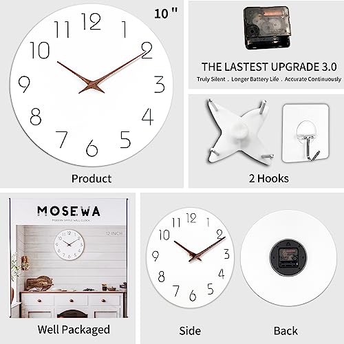 Mosewa Wall Clock 10 Inch Silent Non Ticking Wood Wall Clocks Battery Operated - Wooden White Modern Office Simple Minimalist Clock Decorative for Kitchen,Home,Bathroom,Living Room(10" White)