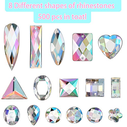 Chuangdi 500 Pieces Sewing Gems Acrylic Sewing Crystal Mixed Shapes Sew On Rhinestones with 2 Holes for Clothes Sewing Beads Decorations (Crystal AB)