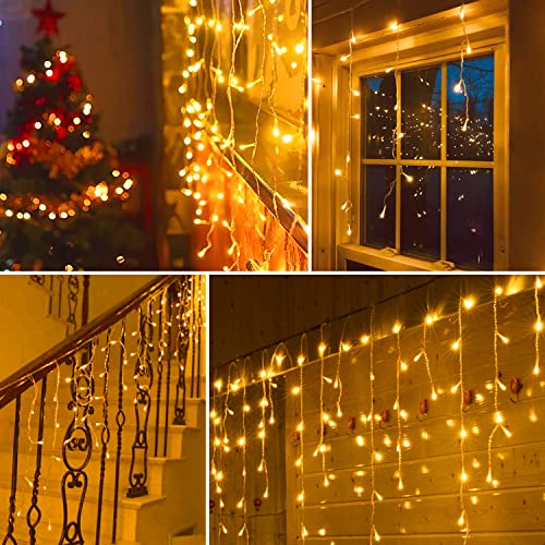 Blingstar Icicle Lights Christmas Lights Outdoor 49.2Ft 440 LED Extendable Dripping Lights 8 Mode Warm White Icecycle String Lights Cascade for Indoor Outside Xmas Holiday House Decor, Clear Wire