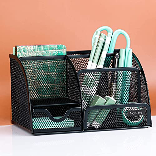 MaxGear Mesh Office Desktop Organizer with Drawer, Metal Stationary Black Desk Caddy, 6 Compartments, 8.7 x 5.5 x 5 inch, 1 Pack