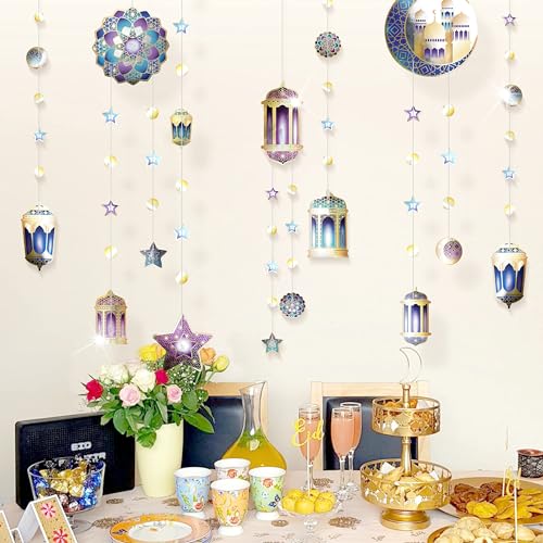 Decor365 Purple Blue Gold Ramadan Mubarak Garland Kit Lantern Crescent Moon Star EID Party Decoration Hanging EID Banner Streamer Decorations Islamic Birthday Bday Wedding Party Supplies