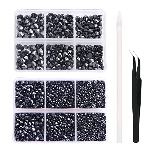 Nibiru 6616pcs Hotfix Rhinestones 5 Mixed Sizes FlatBack Crystal Rhinestones for Crafts Round Glass Gems with Tweezers and Picking Rhinestones Pen(Hematite Black)