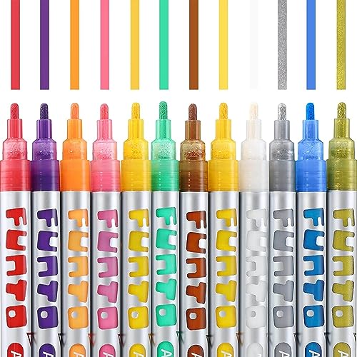 Funto Acrylic Paint Pens for Rock Painting, Fabric, Wood, Canvas, Metal, Ceramic, Glass, Scrapbooking Craft,12 Colors Paint Marker Set, Medium Tip, Non-Toxic, Quick Drying