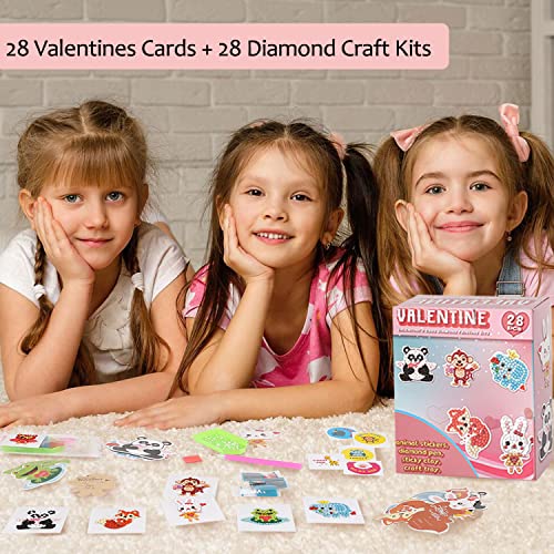 Valentines Day Cards for Kids - 28pcs Diamond Painting Kits+ 28pcs Valentines Cards, Kids Valentines Day Cards with 7 Different Gem Stickers for School Classroom Valentine's Gifts Exchange Decorations