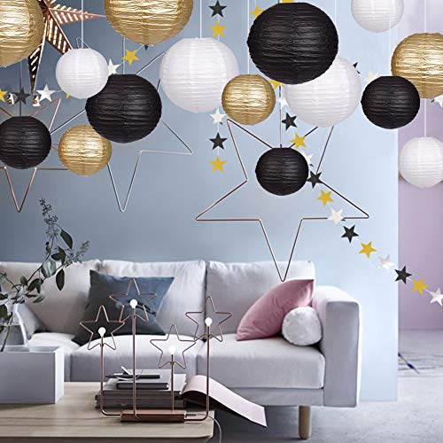 Paper Lanterns Decorative, Round Hanging Paper Lanterns Decorations for Wedding Graduation Anniversary Birthday Party Supplies Black/Gold/White 15pcs