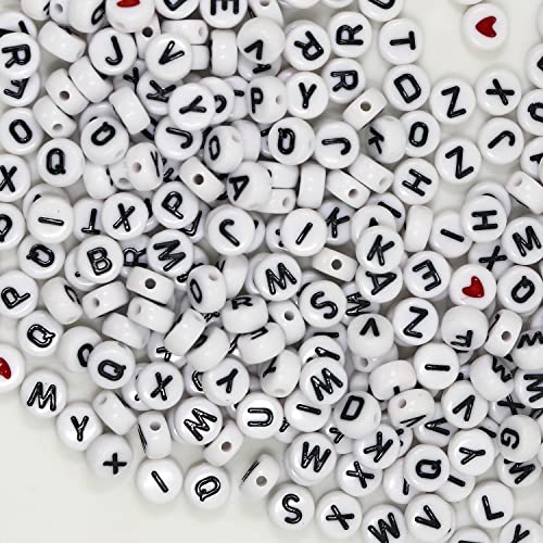 WangLaap 1450Pcs Letter Beads, Acrylic 4x7mm Round Letter Beads Kits, Alphabet Beads A-Z and Red Heart Black Star Beads for Bracelets Necklaces DIY Jewelry Making (White)