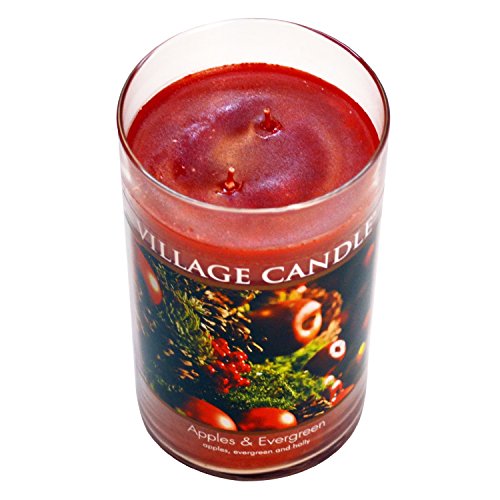 Village Candle Apples & Evergreen Large Tumbler Glass Jar, Scented Candle, 19 oz., Red