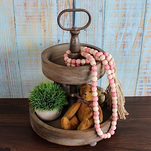 CVHOMEDECO. Wood Beads Garland with Tassels Farmhouse Rustic Wooden Prayer Bead String Wall Hanging Accent for Home Festival Decor. Pink Mix Distressed