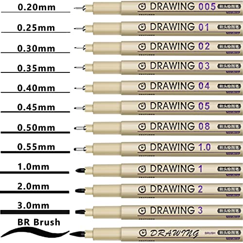 Micro Fineliner Drawing Art Pens: 12 Black Fine Line Waterproof Ink Set Artist Supplies Archival Inking Markers Liner Professional Sketch Outline Crafts Anime Sketching Watercolor Zentangle Kit Stuff