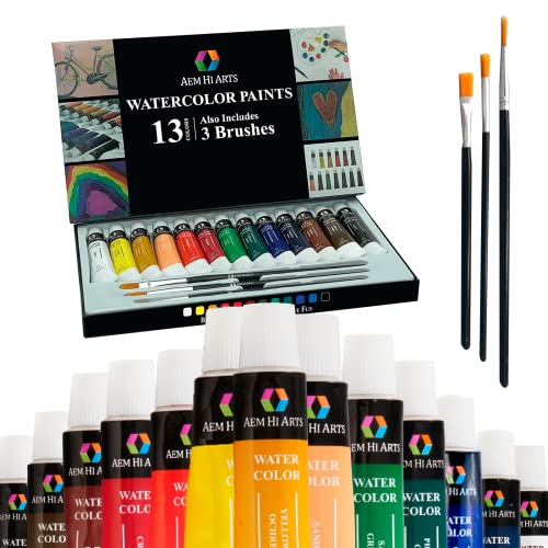 AEM Hi Arts Watercolor Paint Set – Includes 13 Colors and 3 Brushes – Paint on Paper, Wood, Fabric, Ceramic & More | Portable and Washable | Great for Kids and Professional Artists