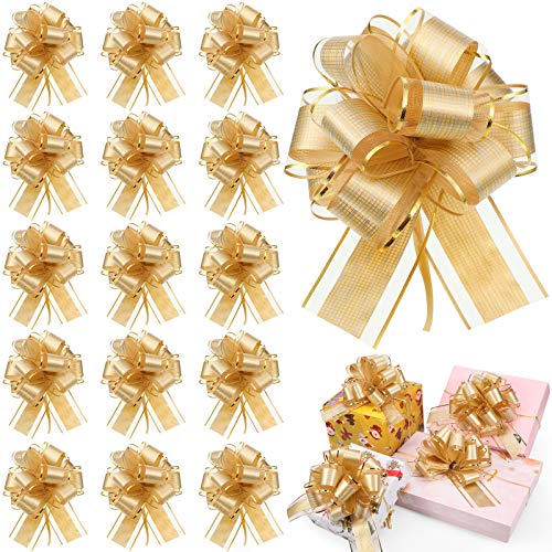 WILLBOND 20 Pieces Pull Bow Gift Wrapping Pull Bow Ribbon Pull Bows for Christmas Wedding Baskets Valentine's Day Bows Multicolor Ribbon Bow for Gift Wrapping (Gold, 6 Inch)